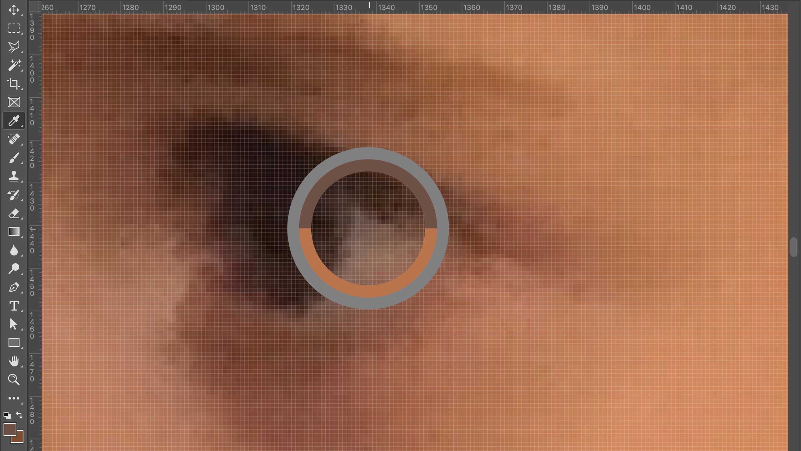 A target-like gray circle is focused over the child's eye