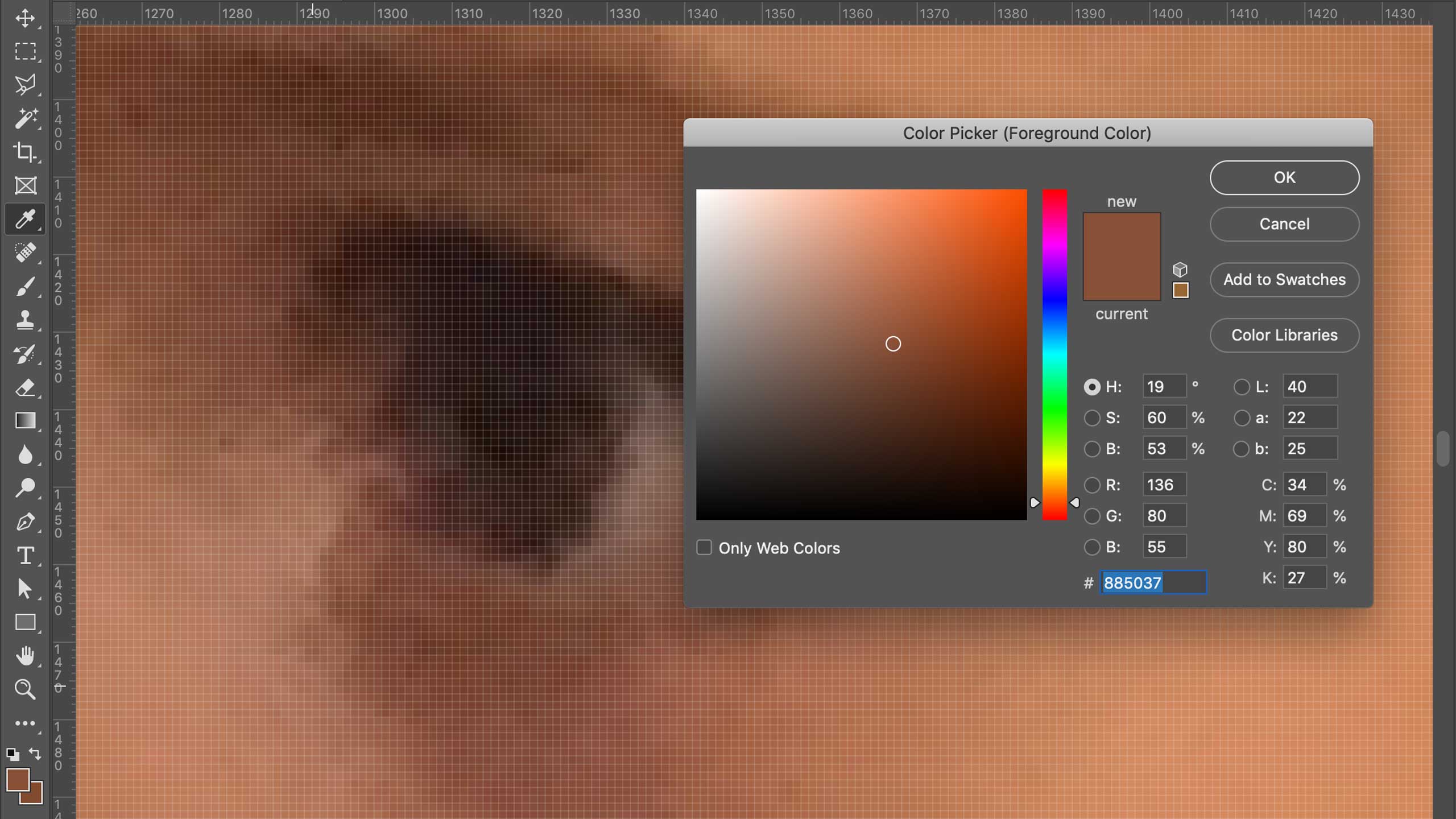 A color picker panel appears, showing numerical formulas for the selected color