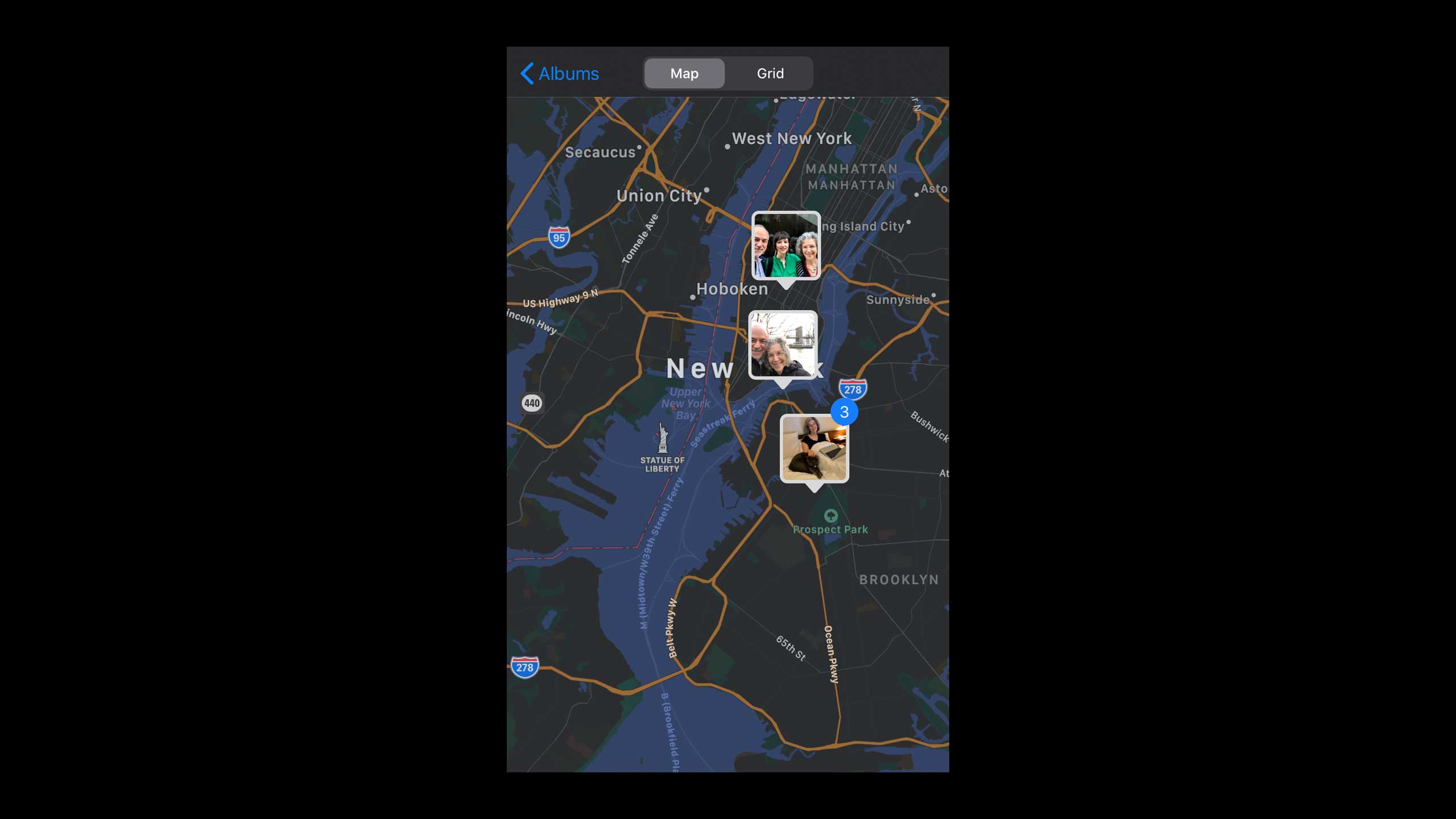 An iPhone interface shows a map of New York City and Brooklyn with highlighted locations