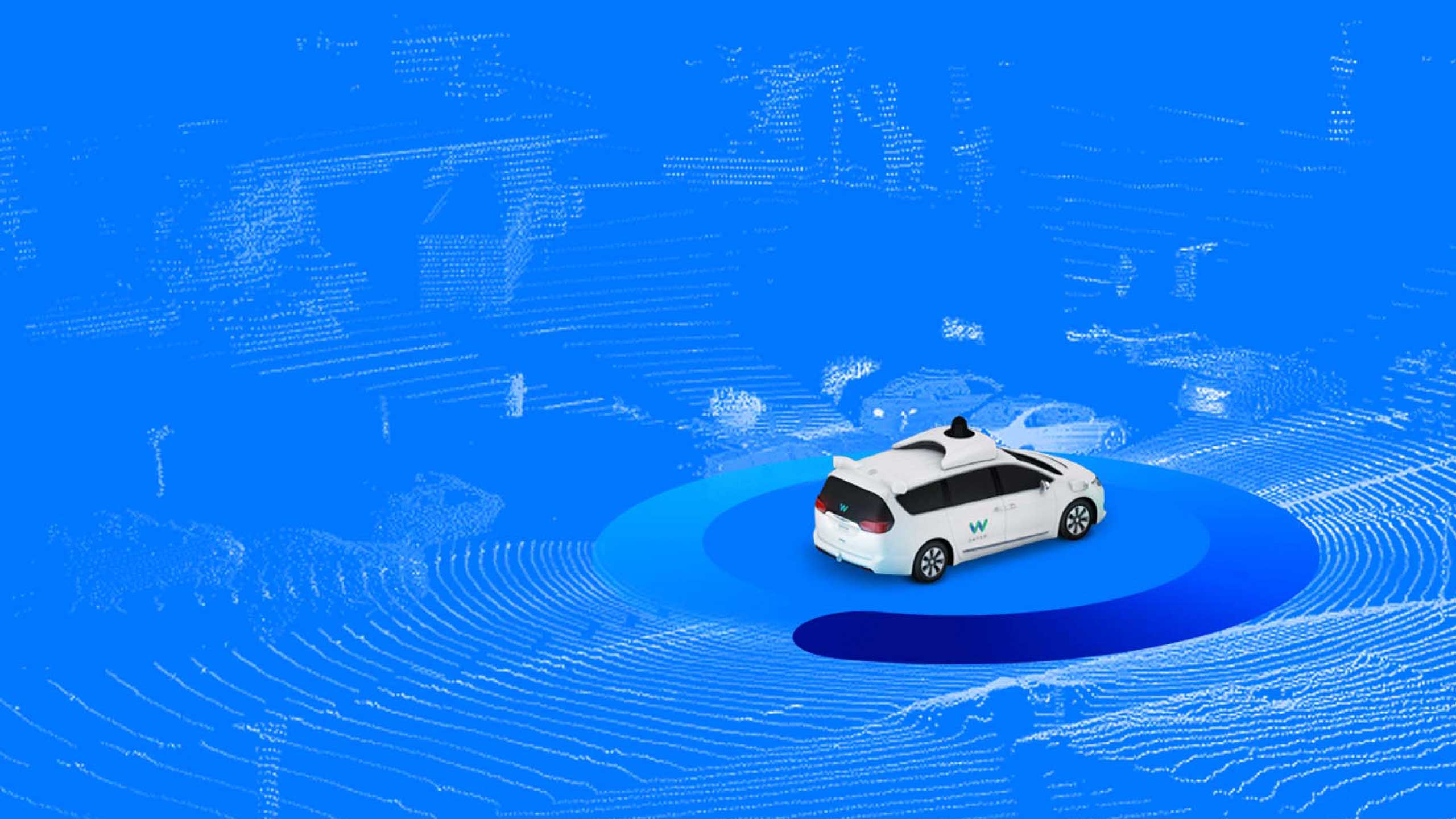 A self-driving car with a Waymo logo is shown on a field of blue, with sketchy white lines filling in the street scene around it